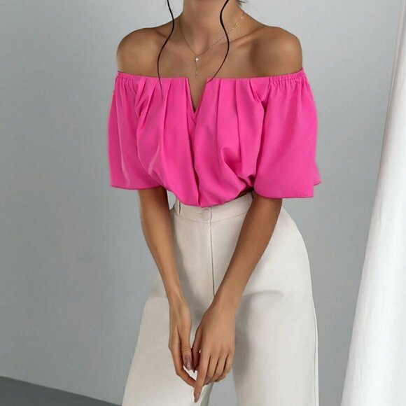 Tops - Hot Pink Casual Women's Off Shoulder V-Neckline Waisted Blouse